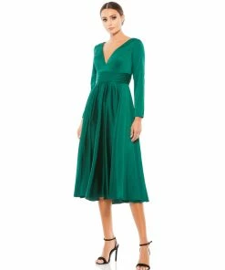 Ieena For Mac Duggal Plunge Neck Satin A-Line Dress