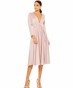 Ieena For Mac Duggal Plunge Neck Satin A-Line Dress