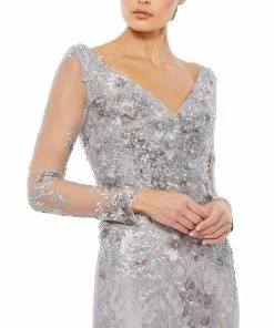 Mac Duggal Embellished V Neck Illusion Long Sleeve Gown