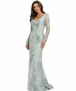 Mac Duggal Embellished V Neck Illusion Long Sleeve Gown