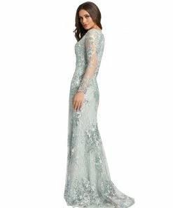 Mac Duggal Embellished V Neck Illusion Long Sleeve Gown