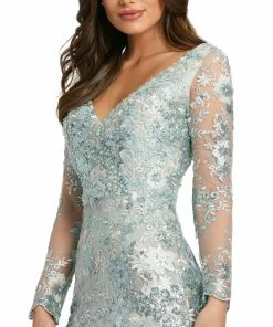 Mac Duggal Embellished V Neck Illusion Long Sleeve Gown