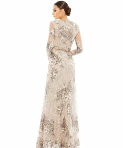 Mac Duggal Embellished V Neck Illusion Long Sleeve Gown