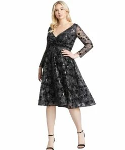 Mac Duggal Long Sleeve Illusion Sequin Embroidered Midi Dress (Plus)