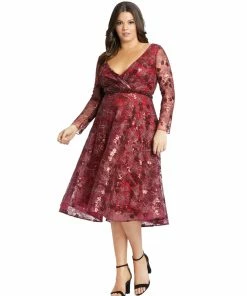 Mac Duggal Long Sleeve Illusion Sequin Embroidered Midi Dress (Plus)