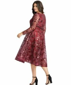 Mac Duggal Long Sleeve Illusion Sequin Embroidered Midi Dress (Plus)