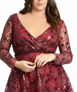 Mac Duggal Long Sleeve Illusion Sequin Embroidered Midi Dress (Plus)