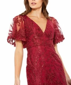 Mac Duggal Cocktail Dresses Embellished Flutter Sleeve V Neck Fitted Dress