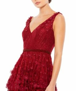 Mac Duggal Floral Applique Ruffled Tiered Sleeveless V Neck Gown