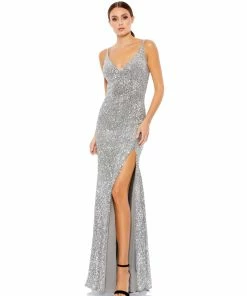 Ieena For Mac Duggal Embellished Metallic High Slit Gown