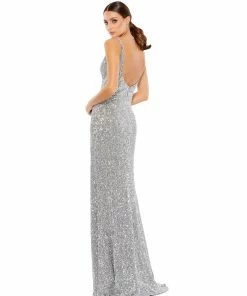 Ieena For Mac Duggal Embellished Metallic High Slit Gown