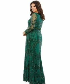 Mac Duggal Mother Of The Bride + Groom Dresses Abstract Embellished Illusion Sleeve Evening Gown (Plus)