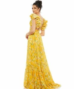 Mac Duggal Yellow Ruffle Tiered Floral Cut-Out Chiffon Gown | Final Sale Shop For