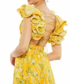 Mac Duggal Yellow Ruffle Tiered Floral Cut-Out Chiffon Gown | Final Sale Shop For