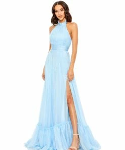 Mac Duggal High Neck Tiered Chiffon Halter Gown