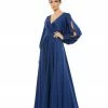 Ieena For Mac Duggal Flowy Split Bishop Sleeve Faux Wrap Gown