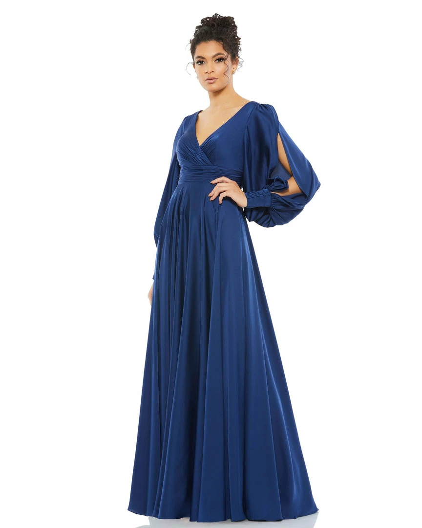Ieena For Mac Duggal Flowy Split Bishop Sleeve Faux Wrap Gown 1 Ieena For Mac Duggal Flowy Split Bishop Sleeve Faux Wrap Gown