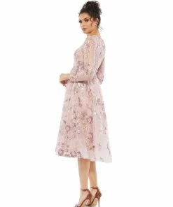 Mac Duggal Floral Embellished Long Sleeve A-Line Dress