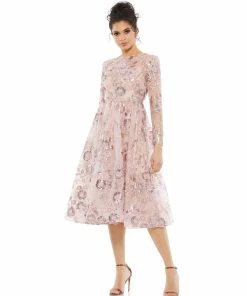 Mac Duggal Floral Embellished Long Sleeve A-Line Dress