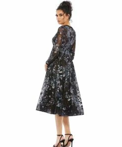Mac Duggal Embellished Illusion Long Sleeve Midi Dress