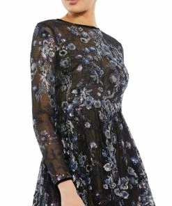 Mac Duggal Embellished Illusion Long Sleeve Midi Dress