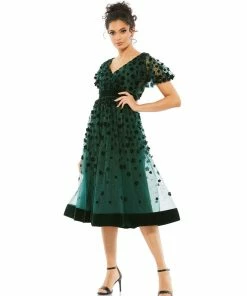 Mac Duggal Embellished Butterfly Sleeve Velvet Hem Midi Dress