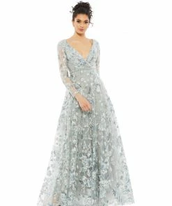 Mac Duggal Embellished V Neck Illusion Long Sleeve A Line Gown Shop For