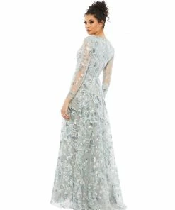 Mac Duggal Embellished V Neck Illusion Long Sleeve A Line Gown Shop For