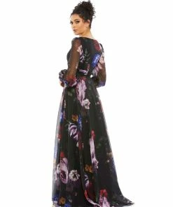 Mac Duggal Floral Print Chiffon Long Sleeve Maxi Dress