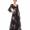 Mac Duggal Floral Print Chiffon Long Sleeve Maxi Dress