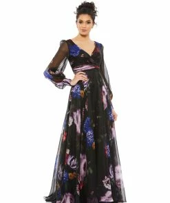 Mac Duggal Floral Print Chiffon Long Sleeve Maxi Dress