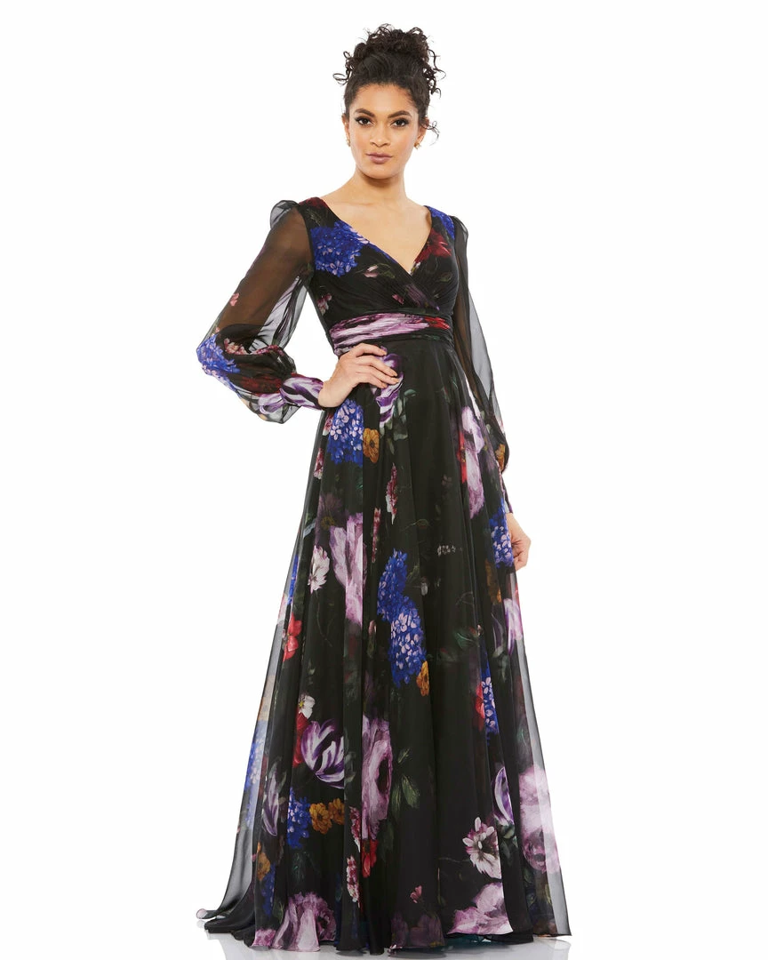 Mac Duggal Floral Print Chiffon Long Sleeve Maxi Dress 1 Mac Duggal Floral Print Chiffon Long Sleeve Maxi Dress