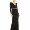 Ieena For Mac Duggal Belted Jewel Encrusted Plunge Neck Long Sleeve Gown