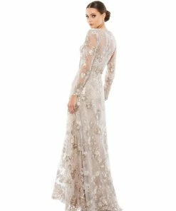 Mac Duggal Floral Embroidered Illusion Long Sleeve Evening Gown