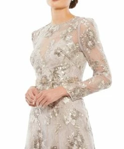 Mac Duggal Floral Embroidered Illusion Long Sleeve Evening Gown