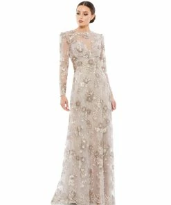 Mac Duggal Floral Embroidered Illusion Long Sleeve Evening Gown