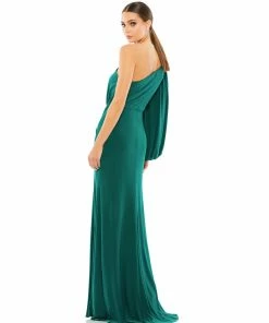 Ieena For Mac Duggal One Shoulder Puff Sleeve Faux Wrap Gown