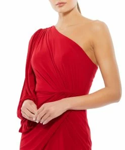 Ieena For Mac Duggal One Shoulder Puff Sleeve Faux Wrap Gown