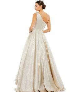Mac Duggal Bow One Shoulder Metallic Ballgown