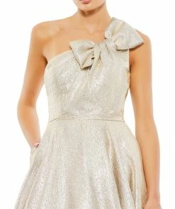 Mac Duggal Bow One Shoulder Metallic Ballgown
