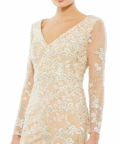 Mac Duggal Embroidered V-Neck Long Sleeve Trumpet Gown