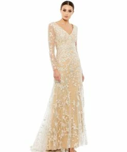 Mac Duggal Embroidered V-Neck Long Sleeve Trumpet Gown
