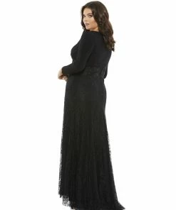 Mac Duggal Wrap-Over Long Sleeve Lace Applique Trumpet Gown (Plus) Plus Size 6 Mac Duggal Wrap-Over Long Sleeve Lace Applique Trumpet Gown (Plus) Plus Size