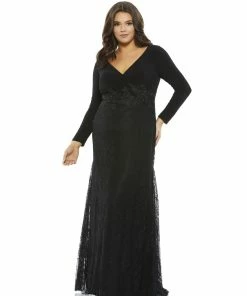 Mac Duggal Wrap-Over Long Sleeve Lace Applique Trumpet Gown (Plus) Plus Size