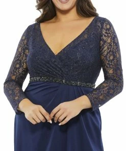 Mac Duggal Lace Illusion Long Sleeve V-Neck Draped Gown (Plus) Mother Of The Bride + Groom Dresses