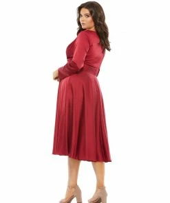 Mac Duggal Satin Long Sleeve Sweetheart Flowy Midi Dress (Plus)