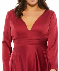 Mac Duggal Satin Long Sleeve Sweetheart Flowy Midi Dress (Plus)
