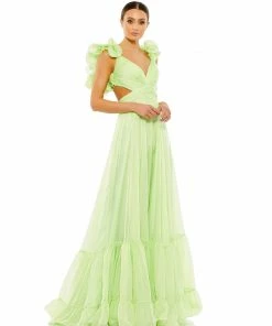 Ieena For Mac Duggal Ruffle Shoulder Lace Up Gown Shop For
