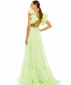 Ieena For Mac Duggal Ruffle Shoulder Lace Up Gown Shop For