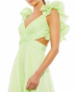 Ieena For Mac Duggal Ruffle Shoulder Lace Up Gown Shop For